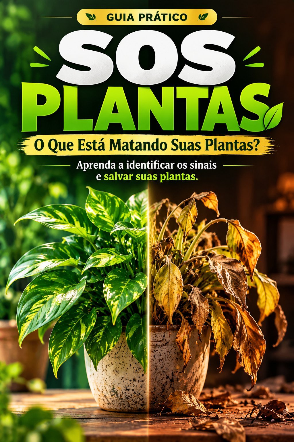 Capa do ebook SOS Plantas: a mesma planta saudável de um lado e morrendo do outro