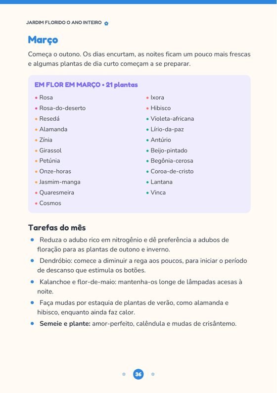 Página do mês de março, com as plantas em flor e as tarefas do mês