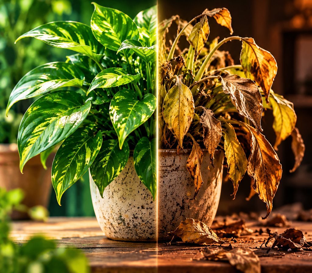 A mesma planta saudável de um lado e morrendo do outro